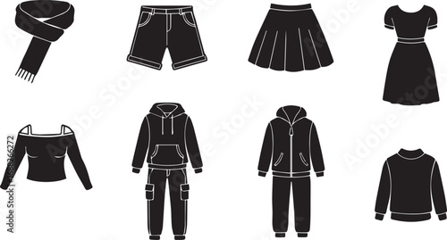 Eight black silhouette icons of clothing items with a focus on casual wear and outerwear Keywords: scarf, shorts, skirt, dress, cold shoulder top, cargo pants, hoodie, tracksuit, clothing, fashion