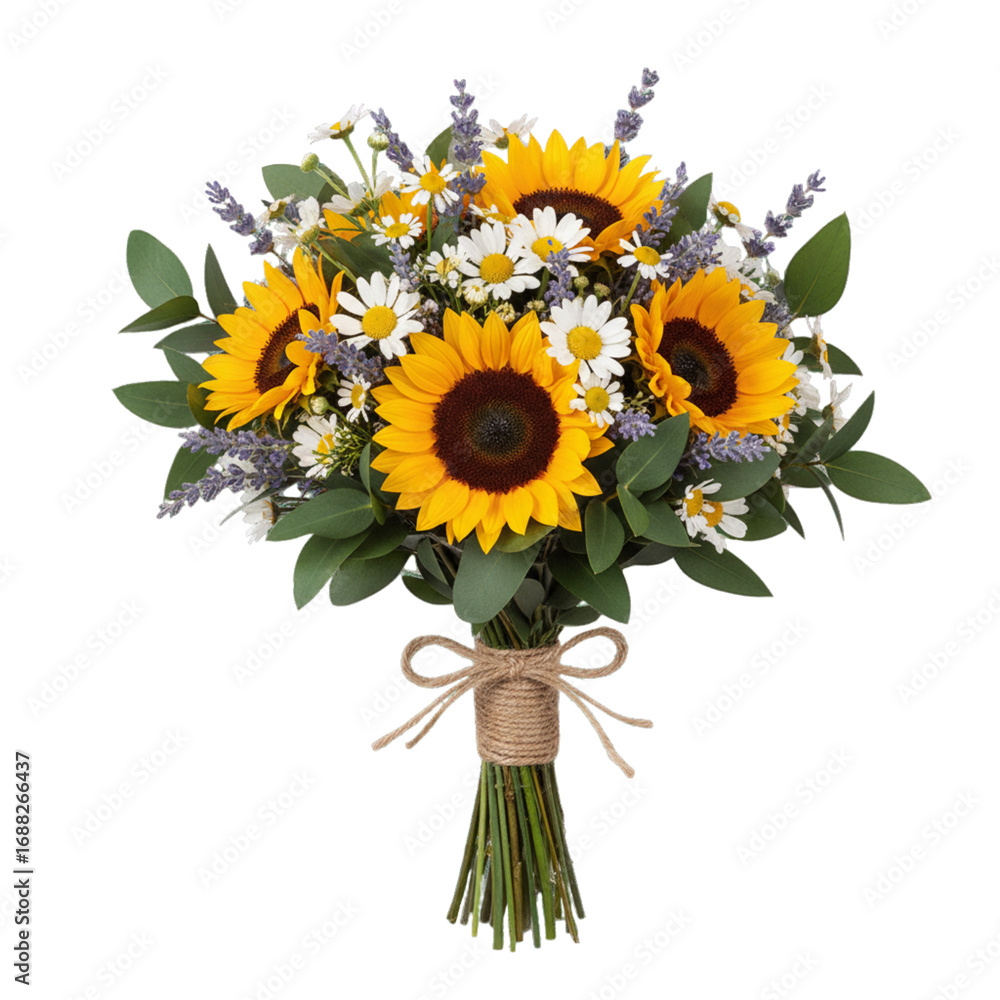 Obraz premium Vibrant sunflower and daisy bouquet with lavender accents