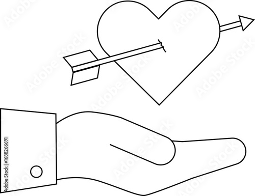 hand icon carrying an arrowed love icon on a white background
