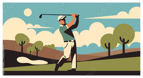 Professional golfer takes a powerful swing on a picturesque course under a clear sky, an ideal shot for sports, leisure, and outdoor themes