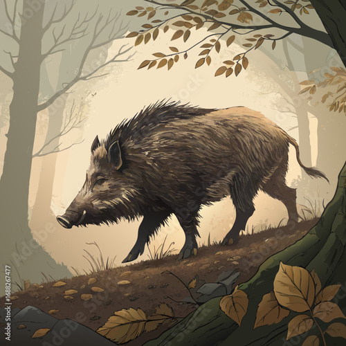 Wild boar walking through a sunlit forest illustration.