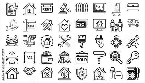 Real Estate Icons Set Property, Rent, Sale, Mortgage, Home Repair, Construction, Investment Vector