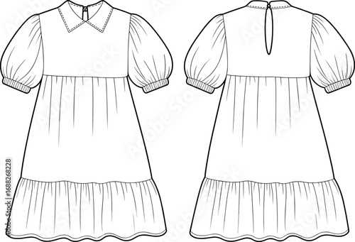 Girls puff sleeve dress, gathered tier skirt, flat sketch, front and back view, technical fashion illustration, cad drawing vector