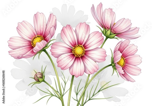Watercolor of Pink Cosmos Flowers on White Background