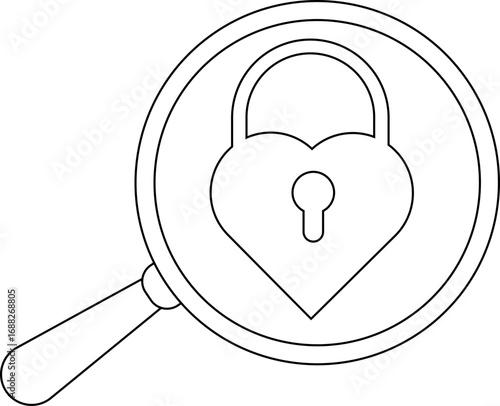 magnifying glass icon and love shaped padlock icon with white background