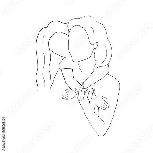 Daughter hugs mother. Little girl with mom. Woman and child, teen or adolescent. Family graphic vector illustration, sketch line art style. For Mother, Daughter Day holiday. Cards, article layout