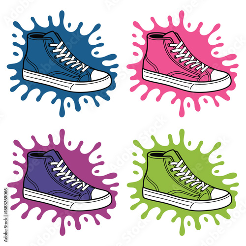 High top sneakers with colorful paint splashes, vibrant artistic footwear illustration for fashion, street style, or creative shoe design concepts