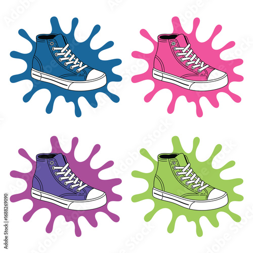 High top sneakers with colorful paint splashes, vibrant artistic footwear illustration for fashion, street style, or creative shoe design concepts