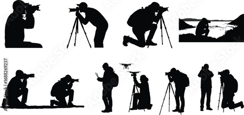 Silhouettes of Photographers Using Cameras, Tripods, and Drones Outdoors, Capturing Landscape, Nature, Wildlife, Adventure, Professional Photography Equipment, Travel Photography