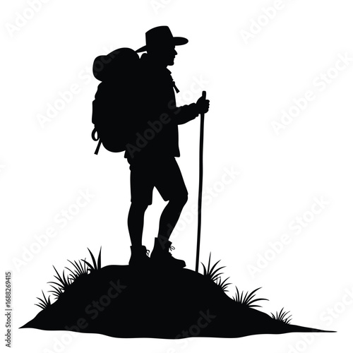Silhouette of a hiker with a backpack and trekking pole on a grassy mound