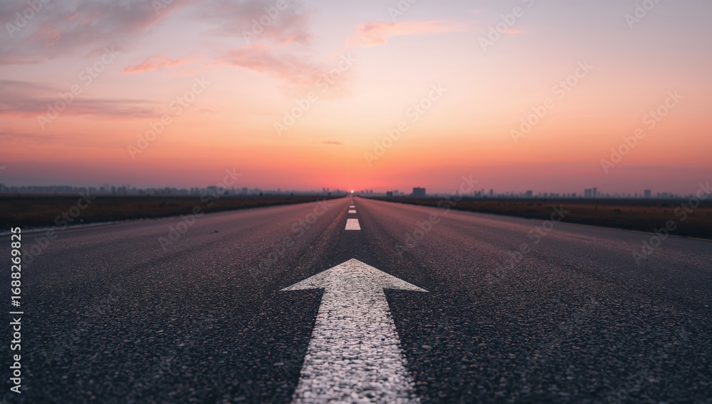 Fototapeta premium Asphalt Canvas. A Journey Toward a Crimson Horizon, Guided by Pale Lines.