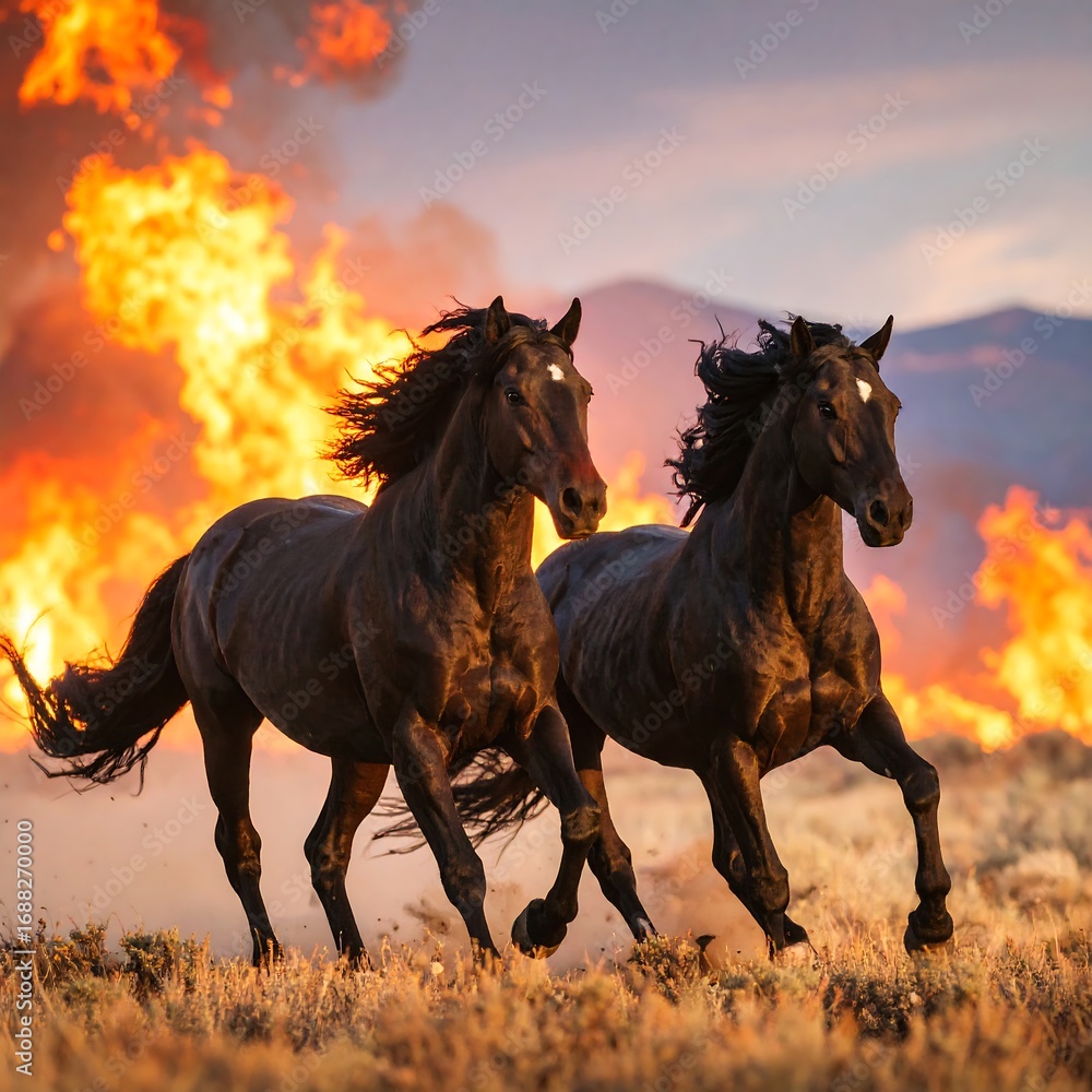 Fototapeta premium Two black horses run through a fiery sunset