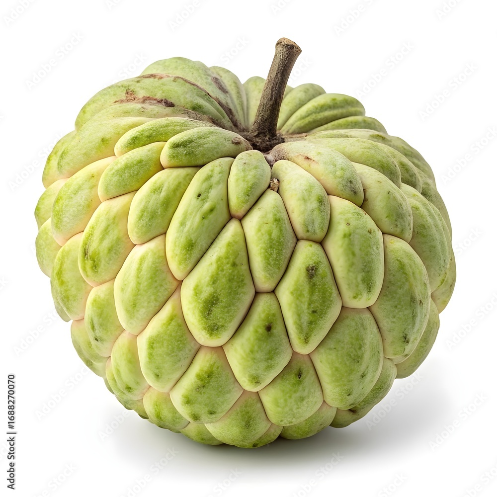 Obraz premium Annona Reticulata var. Rotundifolia Wild Custard Apple with Perfectly Rounded Green-Red Shape and Rare Exotic Tropical Freshness Highlighted on Pure White Background for Nutritious Still Life