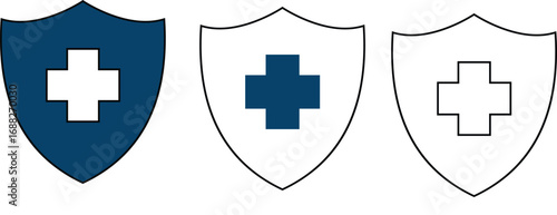 Three Shield Icons with Medical Cross Symbol in Blue and White health