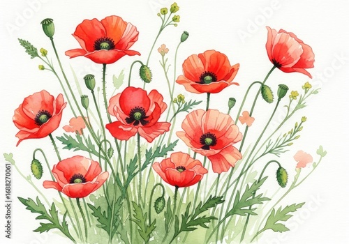 Watercolor Painting with Red Poppy Flowers, Green Leaves, and Pods on a White Background