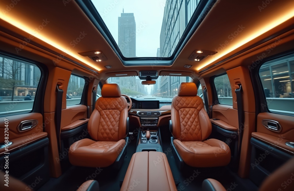 Obraz premium Luxurious SUV interior quilted leather seats, modern cabin design. Spacious minivan cabin offers premium comfort, sophisticated style, advanced technology for family travel. Elegant automobile