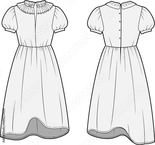 Girls’ dress flat sketch with puff sleeves, ruffle collar, high waist, back button closure, front and back technical illustration