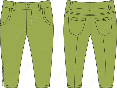 Green casual pants technical flat drawing, front and back view, button detail, pockets design, vector apparel template illustration, fashion sketch
