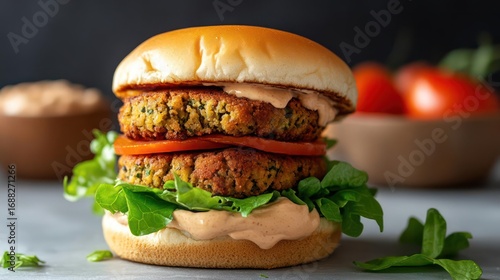 Mouthwatering vegan burger with falafel patties, fresh greens and creamy sauce presentation