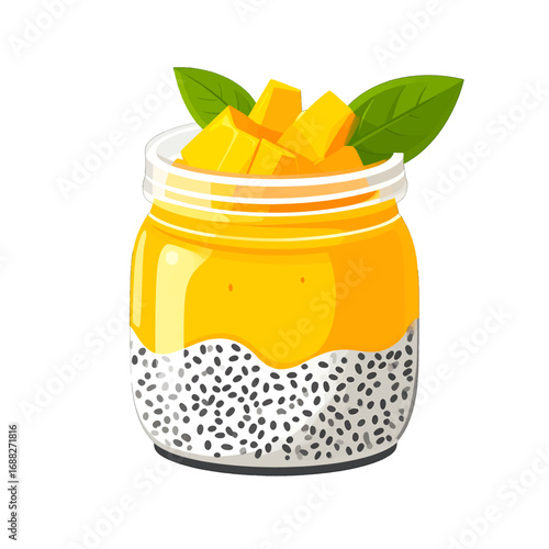 Glass Jar of Chia Seed Pudding Topped with Mango Cubes and Green Leaves on a White Background
