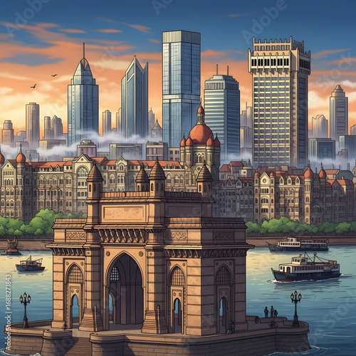 Mumbai Skyline with Gateway of India at Sunrise.