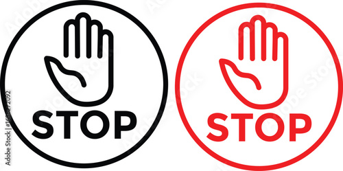 hand stop icon set. Red and black stop sign with hand icon set, stop hand icon. vector png illustration.
