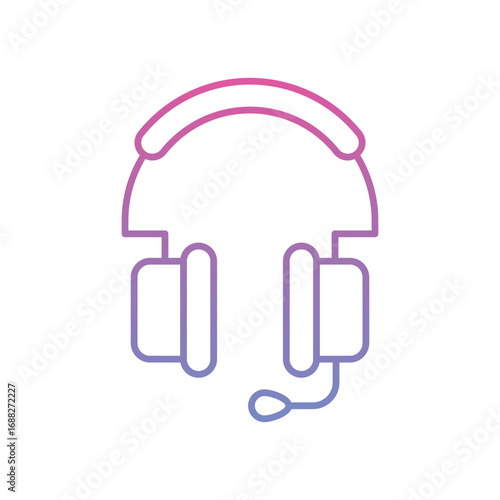 An outlined headphone with mic colored from purple to pink. Editable stroke. Vector icon illustration