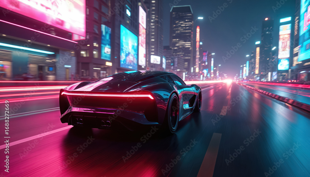 Fototapeta premium Hyper-realistic futuristic electric car speeds through neon-lit city streets at night. Sleek, modern automobile displays glowing red taillights, creating streaks of light on wet asphalt. Cyberpunk