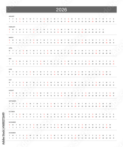 2026 Linear Calendar. Replaceable Text. One line calendar template
