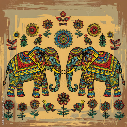 Colorful Ethnic Elephants with Floral Motifs Artwork.