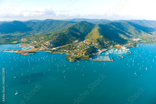 Aerial view over Airlie Beach and marinas in the Whitsundays