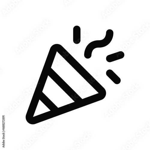 Black outline icon of a party popper emitting confetti suggesting a celebration. Editable stroke. Vector icon illustration