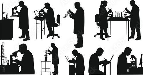 Scientists working in laboratory, microscope research, DNA analysis, lab experiment, scientific study, lab technician, chemical analysis, research teamwork