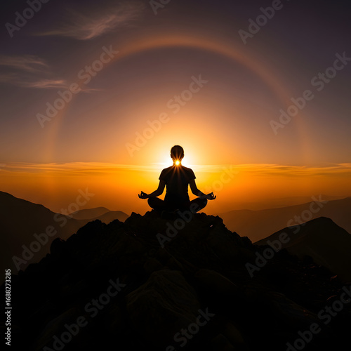 Silhouette of a Person Meditating on a Mountain Top at Sunset with a Halo.
