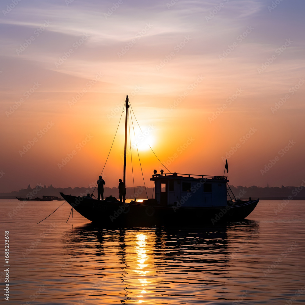 Fototapeta premium Silhouette of a Fishing Boat at Sunset on the Water.