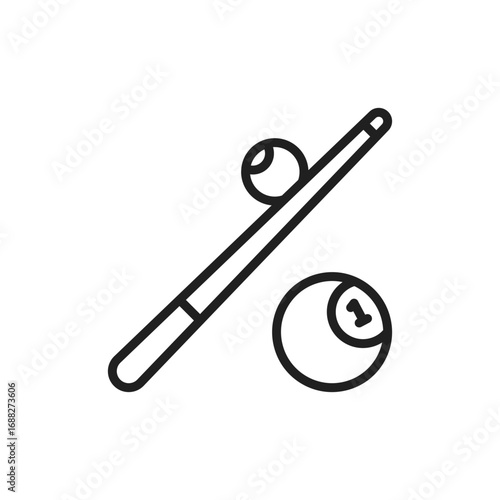 Black  white vector art of a billiards set with cue stick cue ball  a numbered ball. Editable stroke. Vector icon illustration