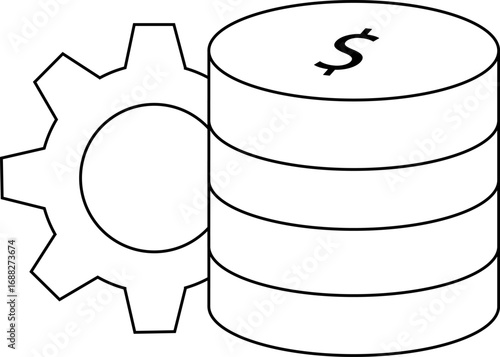 gear icon and dollar coin stack icon with white background