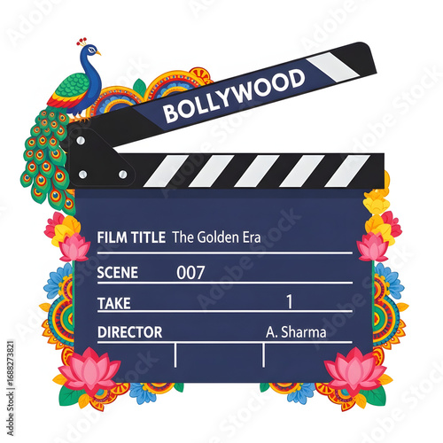 Photography Bollywood Film Clapperboard with Peacock Design.