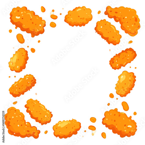 Crispy Fried Chicken Nuggets Arranged Square Frame On White Background For Copy Space Bright Colors