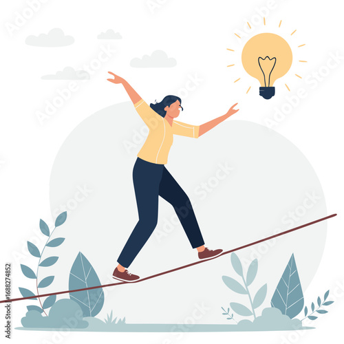 A focused woman carefully walks a tightrope to reach a new idea.