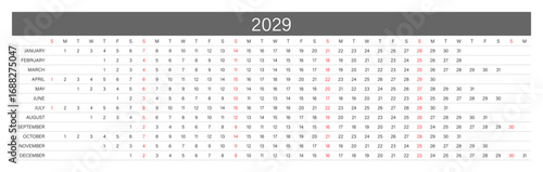 2029 Linear Calendar. Replaceable Text. One line calendar template