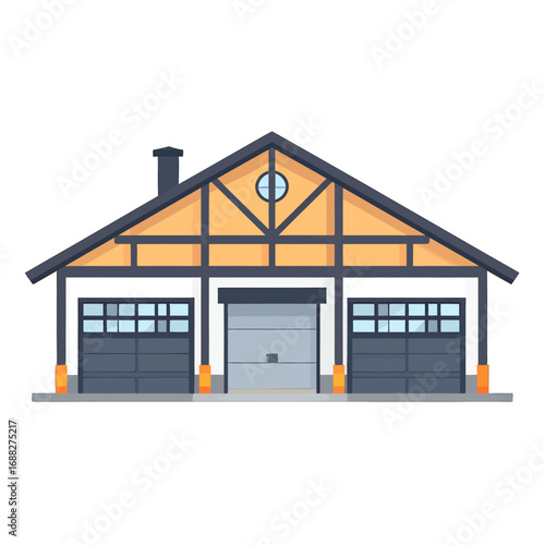 Cartoon Style Garage Building with Three Doors and Wooden Framework Under the Roof Vector Illustration on a White Background for Stock Photos