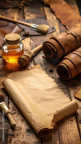 Leather crafting supplies on rustic wood.  Honey jar, leather rolls, paper scroll, brushes