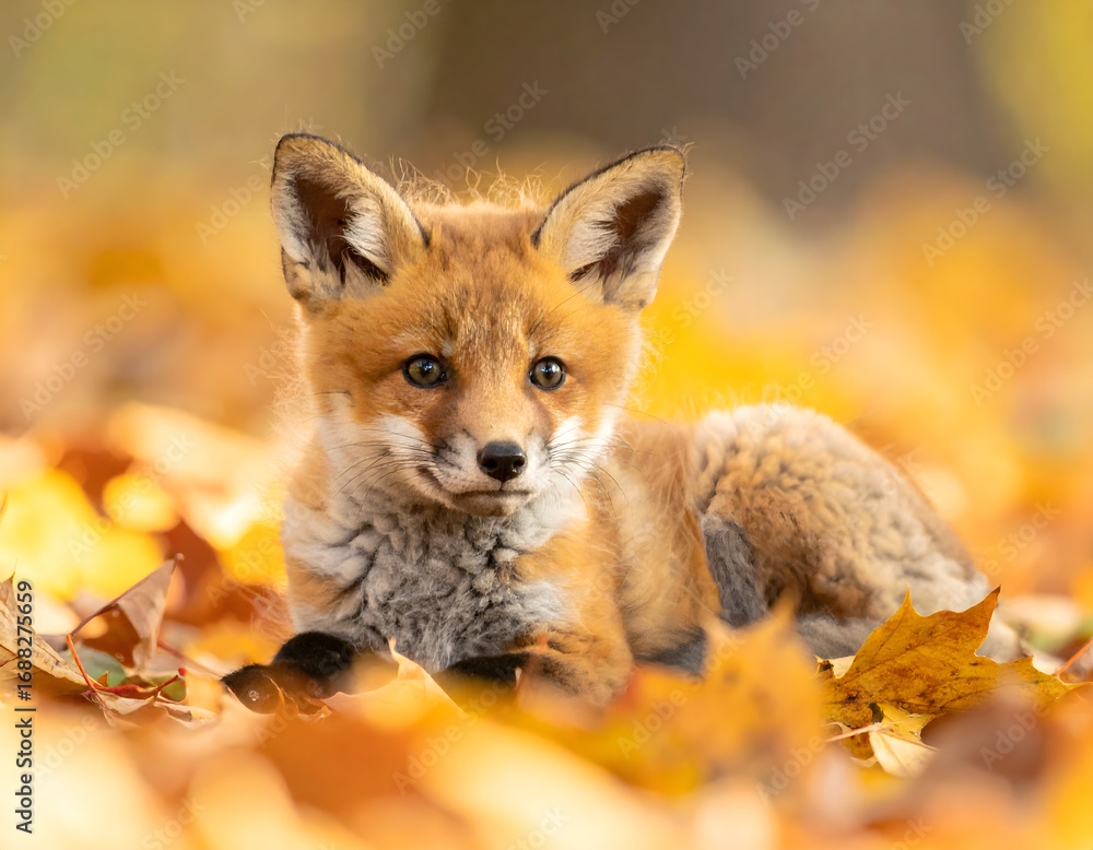 Obraz premium A young red fox kit rests amongst fallen autumn leaves, looking directly at the viewer with a curious expression.