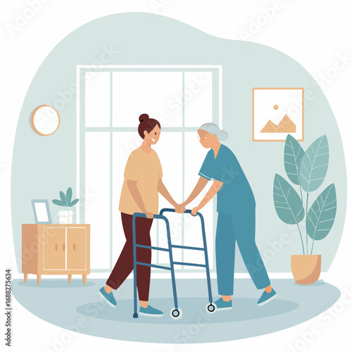 Caregiver Assisting Elderly Woman with Walker at Home 1.