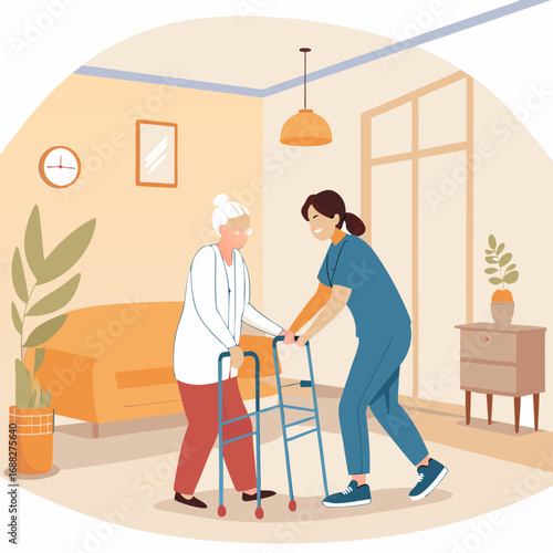 Caregiver Assisting Elderly Woman with Walker at Home.