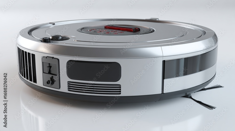 Fototapeta premium Round, silver-gray robotic vacuum cleaner
