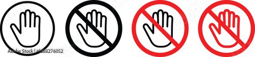 Red and black stop sign with hand icon set. hand icon symbol, vector illustration