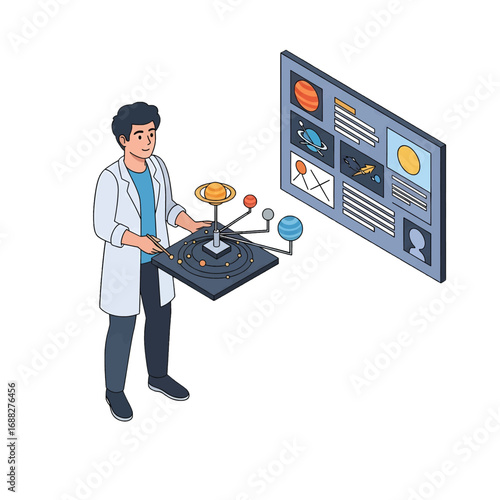 Isometric Pixel Art Scientist in White Lab Coat Interacting with Interactive Hologram Table and Large Digital Display for Astronomy Education