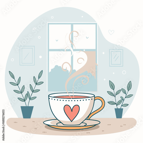 Cozy cup of tea with a heart on a snowy winter day.